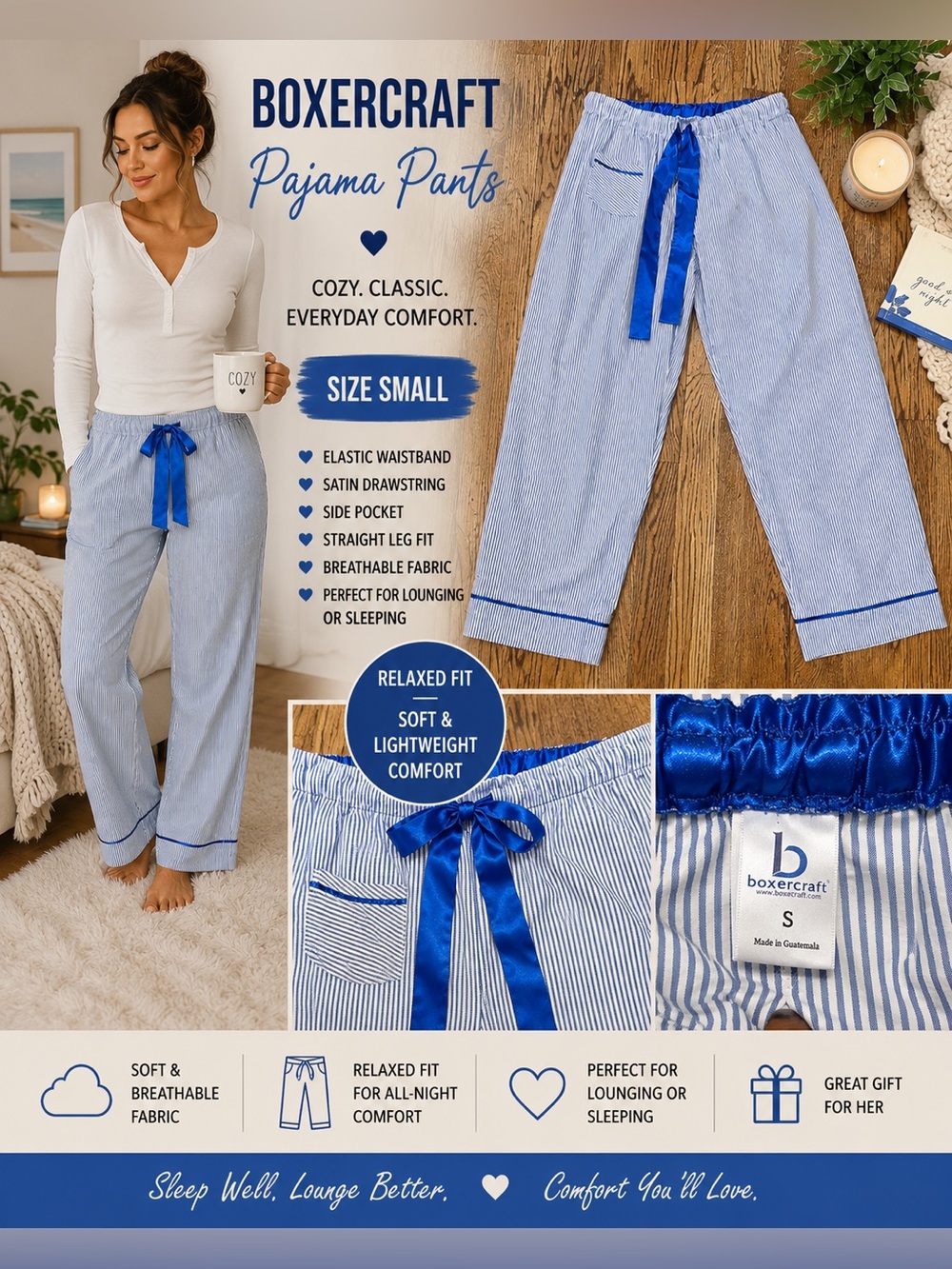 boxercraft Blue & White Pinstripe Pajama Pants Royal Blue Satin Trim Size Small